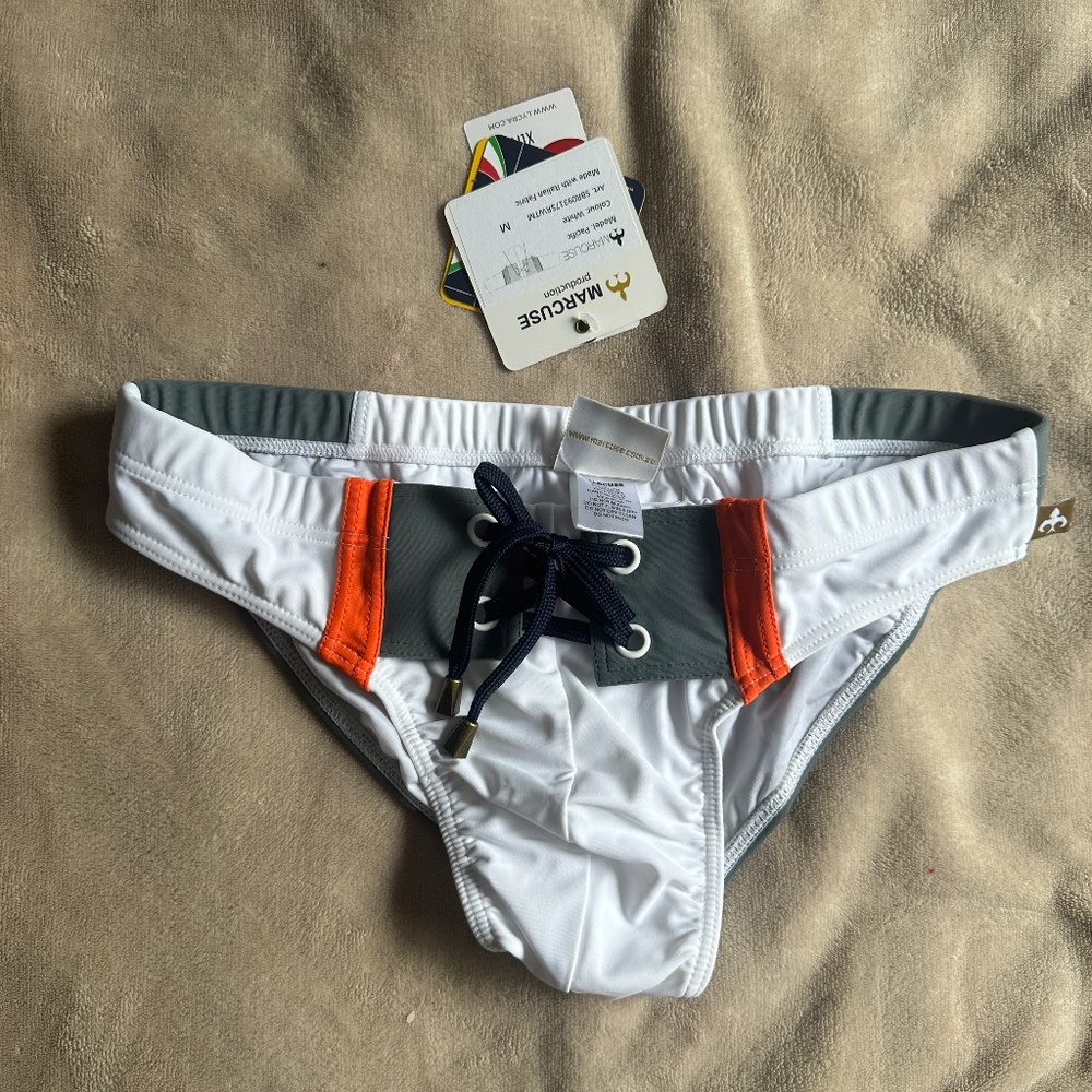 NWT Marcuse Swim Brief White/Gray/Orange Lace Up